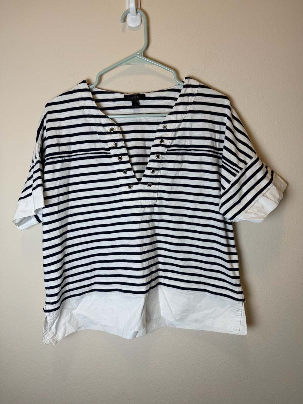 J. Crew Striped Poplin Lace Up Top Size L Black White Nautical